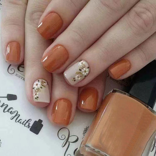 Autumn Elegance Short Length Square Burnt Orange Press On Nail Set with Floral Accents