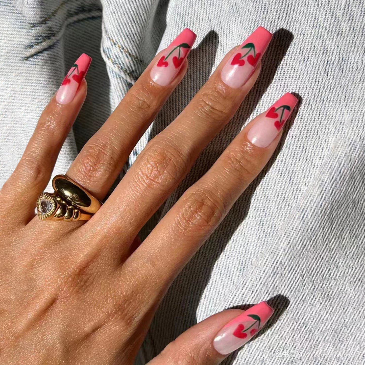 Valentine's Romance Long Coffin Pink Ombre Press On Nail Set with Heart Accents