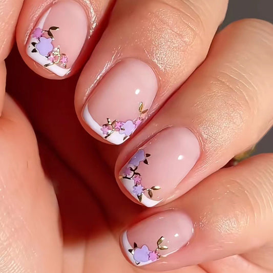 Spring Blossom Collection Short-Length Oval Pink Press On Nails with Floral Accents