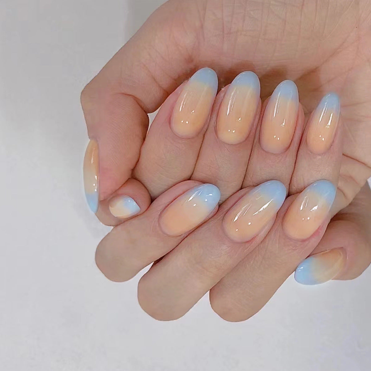 Summer Breeze Medium Almond Ombre Press-On Nails Set with Sky Blue Touches and Shimmer Finish