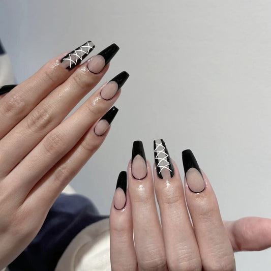 Mystic Geometric Elegance Long Coffin Black and Beige Press On Nails with Unique White Accents