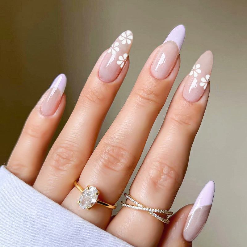 Elegant Spring Bloom Long Almond Lavender Ombre Press On Nails with Floral Accents