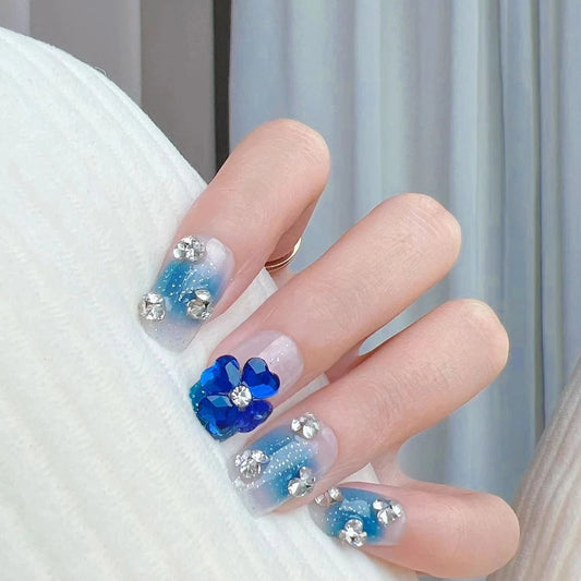 Jelly Flowers Short Square Blue Studded Press On Nails