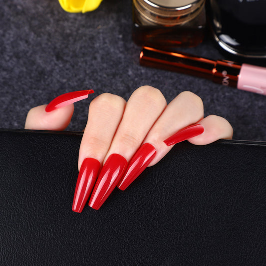 Glamorous Gala Long Coffin Scarlet Red Press On Nails with High Gloss Finish