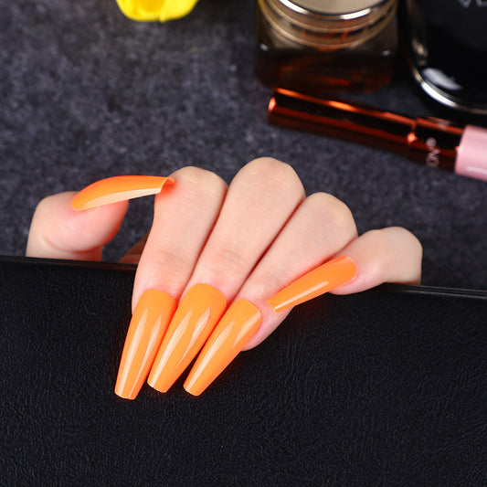 Summer Glow Long Coffin Orange Ombre Press On Nail Set with UV Reactive Feature