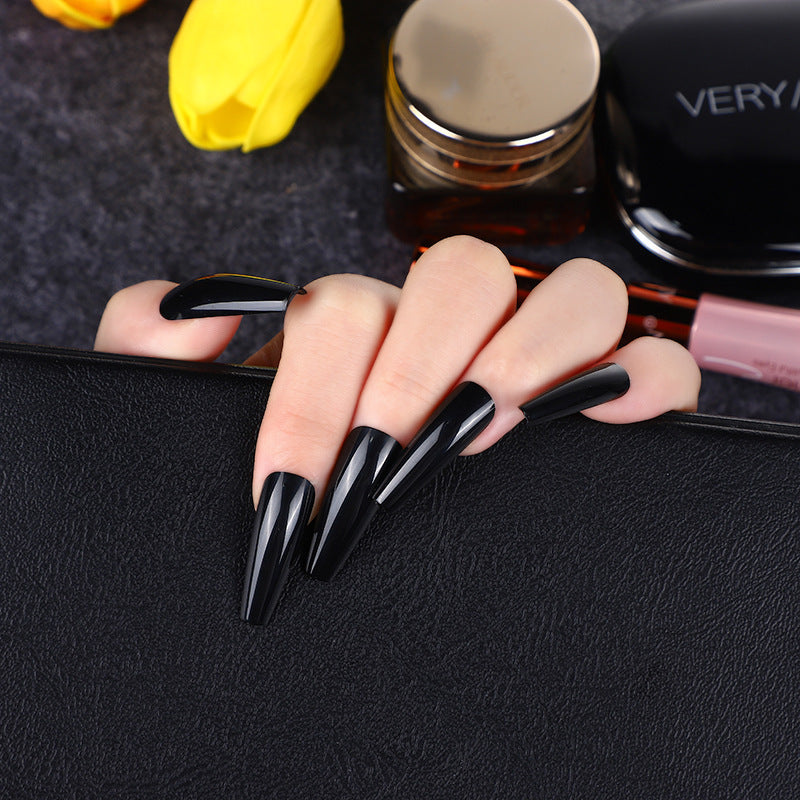 Midnight Elegance Extra Long Coffin Black Glossy Press On Nails with V-Shaped French Tips