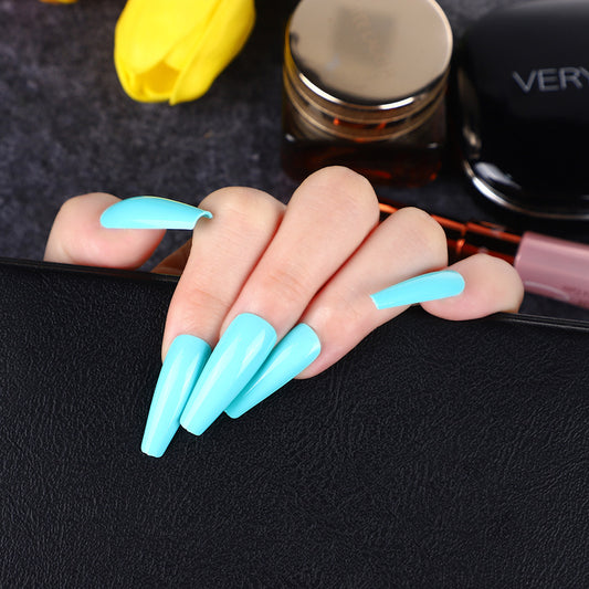 Ocean Bliss Extra Long Coffin Sky Blue Press On Nail Set with High Gloss Finish