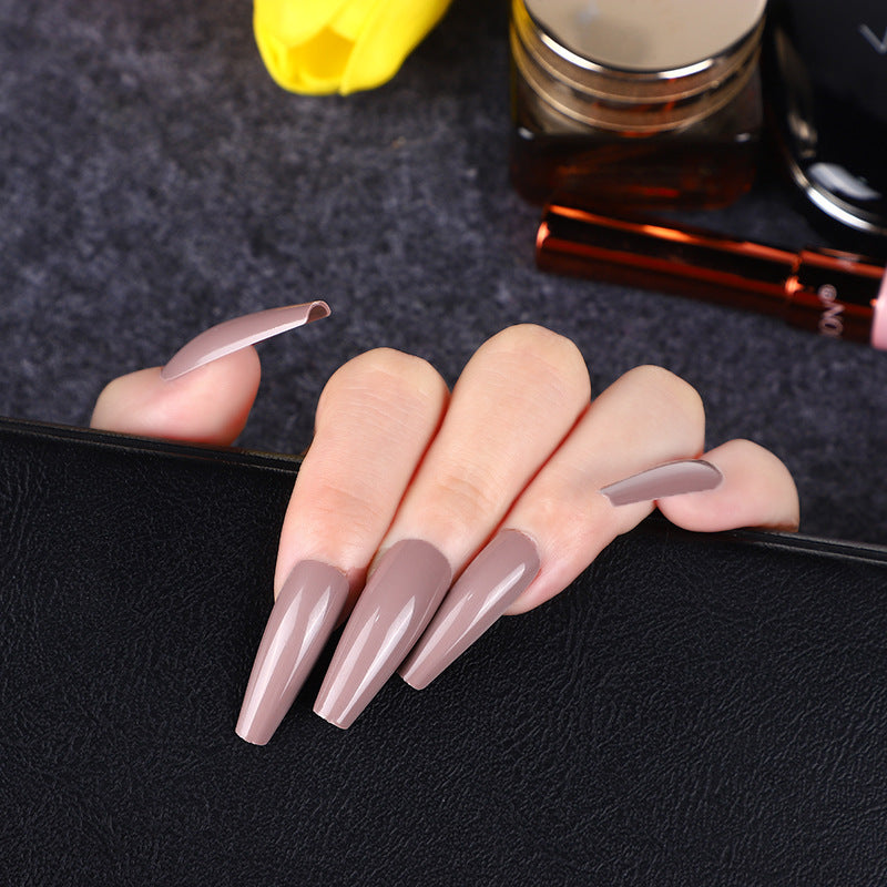 Elegant Taupe Long Coffin Press On Nail Set with Ultra Gloss Finish