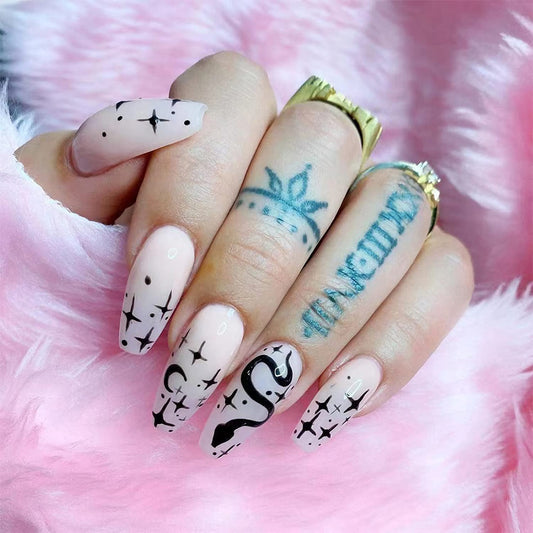 Snake Lives Long Oval Black Astrology Press On Nails