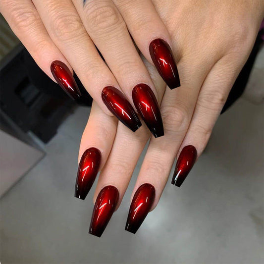 Black Gradient Long Coffin Red Glossy Press On Nails