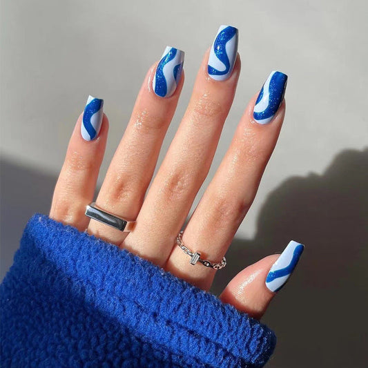 True Glitter Waves Medium Coffin Blue Glam Press On Nails