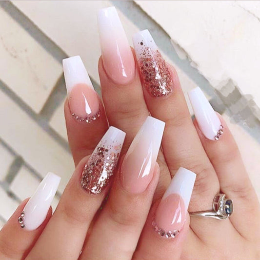 Glittery Ladies Medium Coffin White Glam Press On Nails