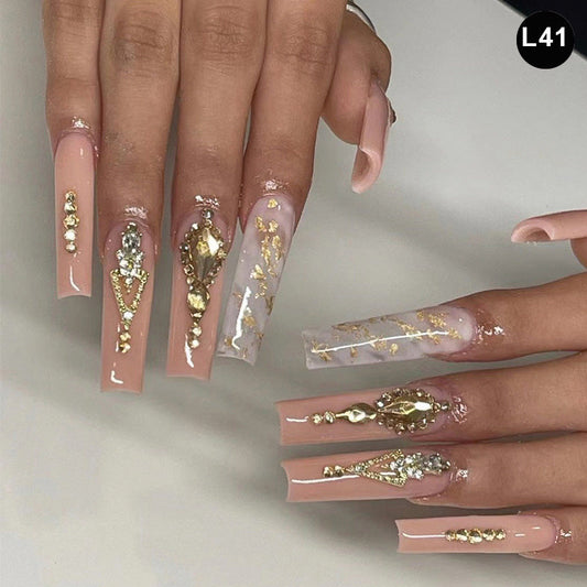 Sparkly Wedding Long Coffin Brown Studded Press On Nails