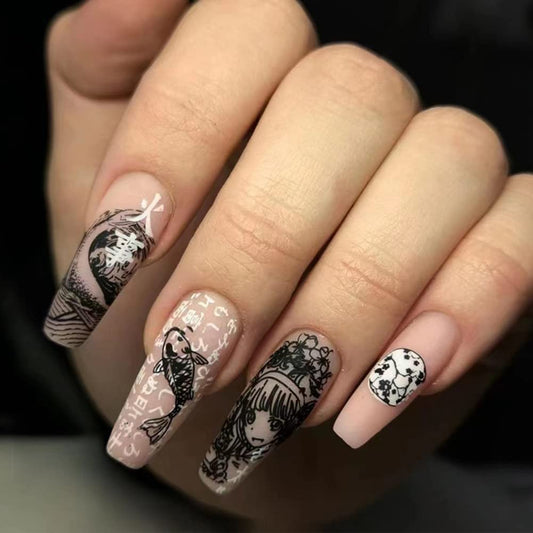 Anime Girl Long Coffin Beige Cartoon Press On Nails