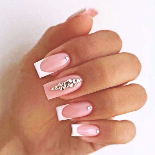 Standing Tall Long Square White Studded Press On Nails