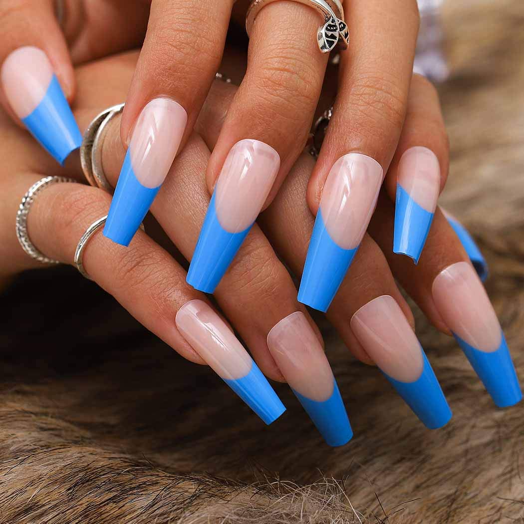 Drop.A Like Long Coffin Blue French Tips Press On Nails