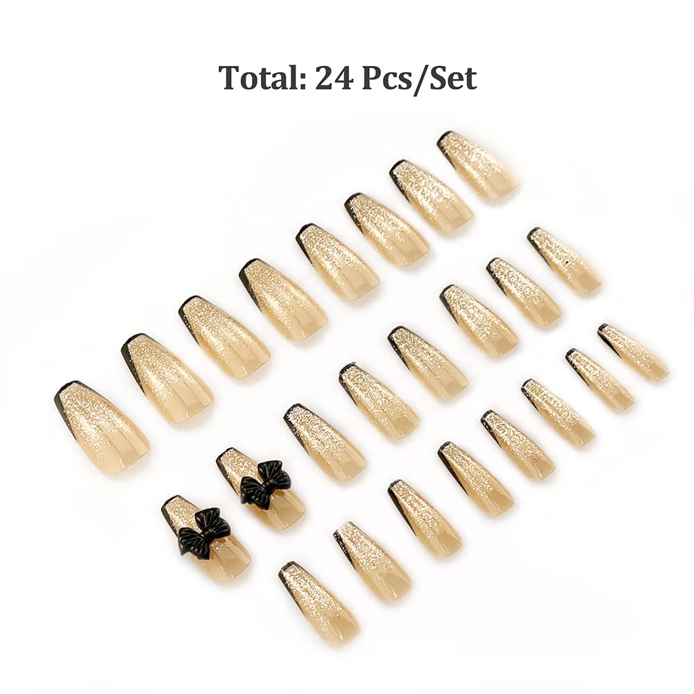 Perfect NYE Long Coffin Gold French Tips Press On Nails