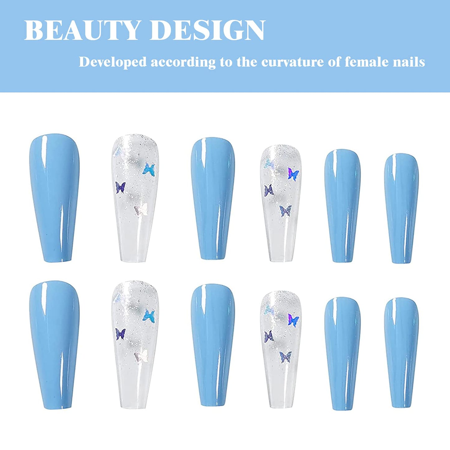 Butterfly Pro Long Coffin Blue Cute Press On Nails