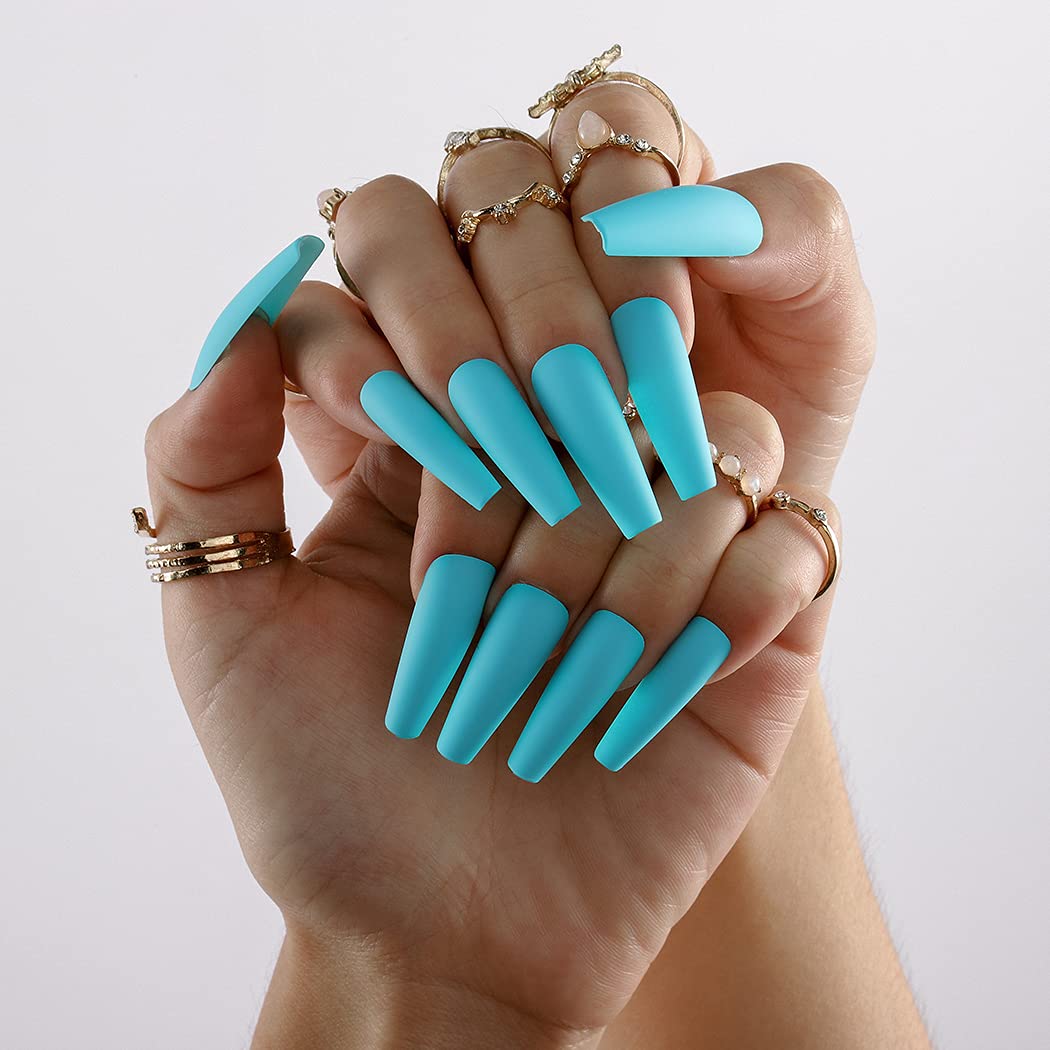 Exposed Long Coffin Blue Matte Press On Nails