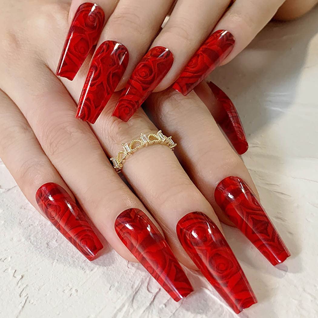 Rose Bouquet Long Coffin Red Valentine's Day Press On Nails