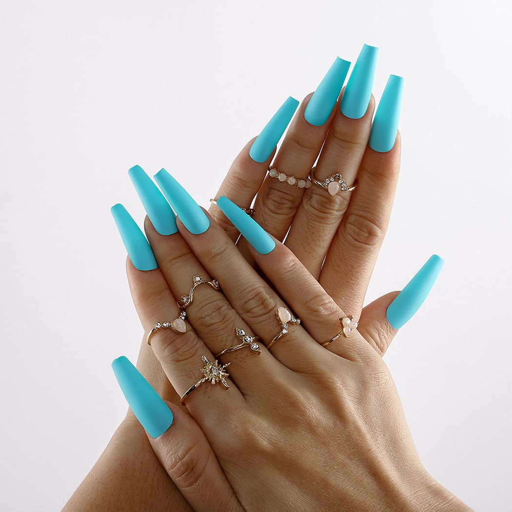 Exposed Long Coffin Blue Matte Press On Nails