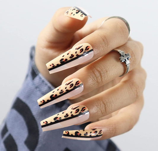 Split Feline Long Square White Leopard Press On Nails