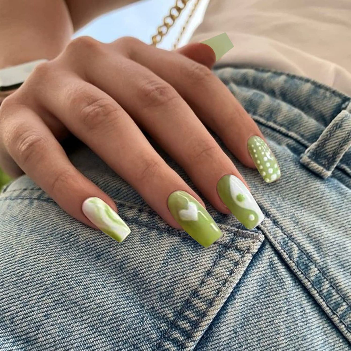 Puff Pattern Long Square Green Cute St. Patrick's Day Press On Nails
