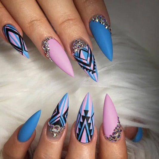 Studded Ruins Short Stiletto Blue Pattern Press On Nails