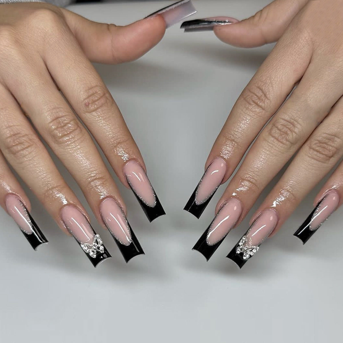 Cannot Wait At All Long Square Black Studded Press On Nails