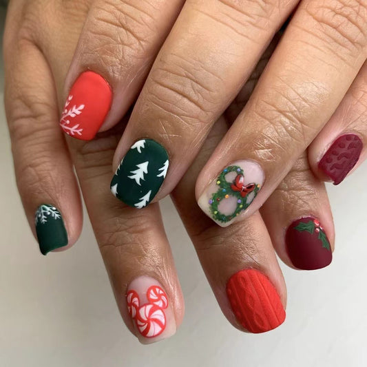 Merry Mistletoe Medium-Length Squoval Multicolor Press On Nail Set with Christmas Wreath and Candy Cane Designs