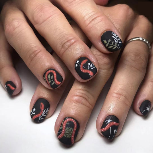 Mystical Nights Short Squoval Black Press On Nail Set with Red Snake and Botanical Accents Design