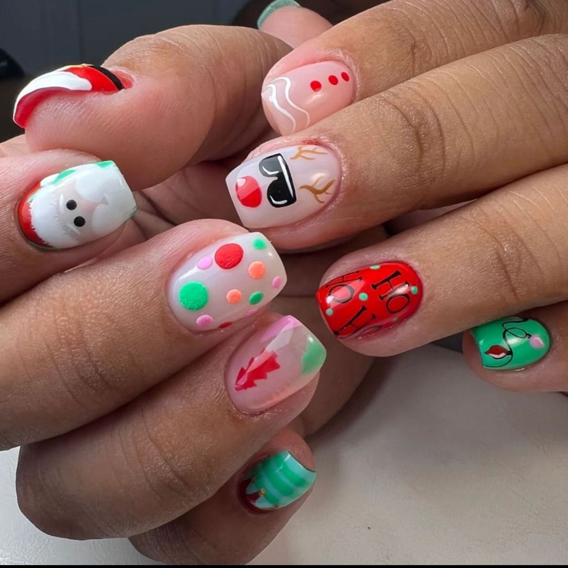 Christmas Delight Short Square Multicolor Press On Nail Set with Holiday Characters and Patterns Design