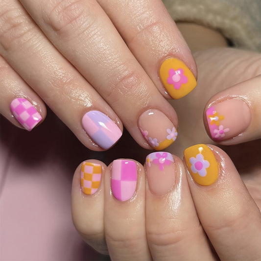 Spring Fling Short Squoval Pink Yellow Plaid and Floral Press On Nail Set with Pastel Accents