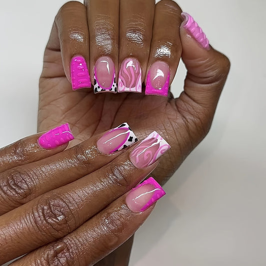 Playful Pink Party Long Duck Press On Nails with Marble and Animal Print Accents