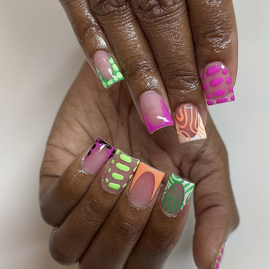 Tropical Escape Medium Duck Press On Nails with Neon Pink, Green, and Orange Abstract Patterns