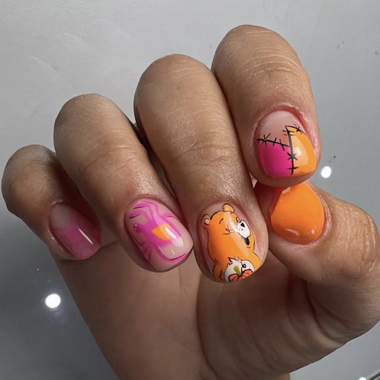 Playful Whimsy Short round Pink and Orange Press On Nail Set with Cartoon Bear Design and Abstract Art