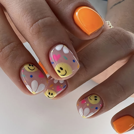 Summer Joy Medium Squoval Yellow and Orange Press On Nail Set with Smiley Faces and Colorful Hearts Design