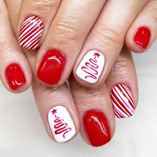 Candy Cane Wishes Medium-Length Squoval Red and White Press On Nail Set with Striped and Scripted Joy Design