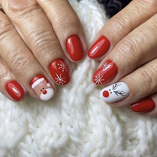 Winter Wonderland Short Round Red Press On Nail Set with Santa and Snowflake Design