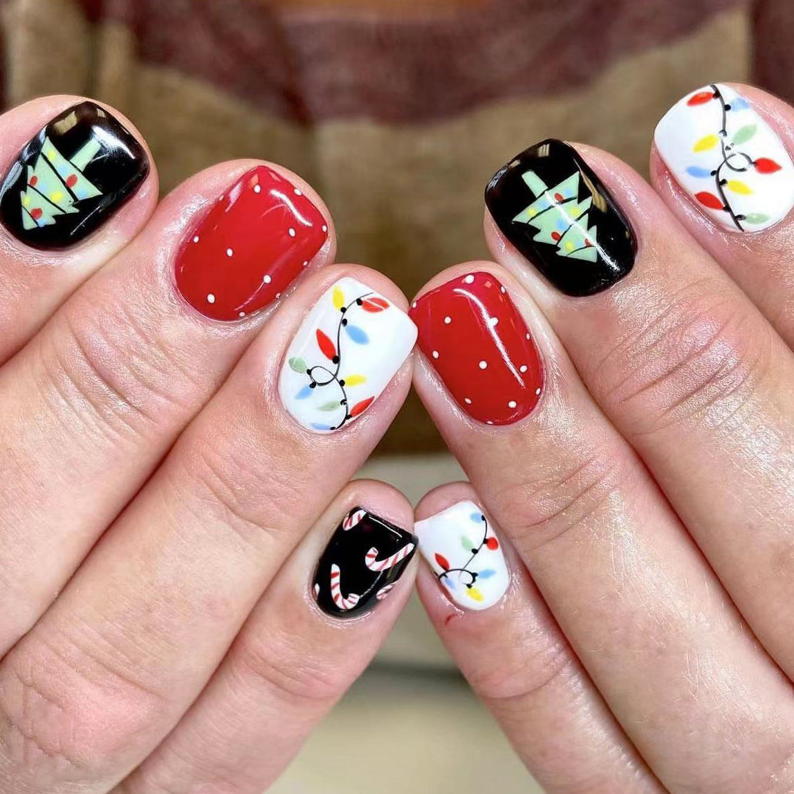 Festive Celebration Short Square Black Red and White Press On Nail Set with Candy Cane and Christmas Lights Design