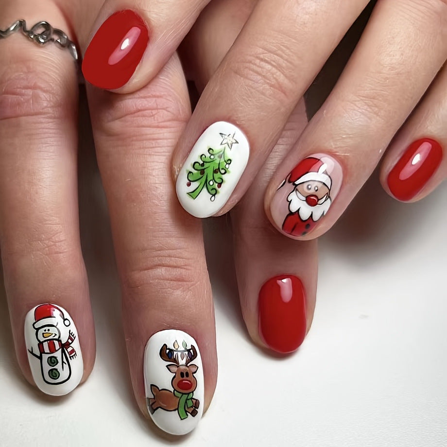 Yuletide Joy Medium Oval Red and White Press On Nail Set with Christmas Characters and Tree Design