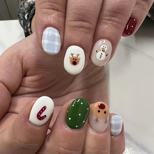 Winter Wonderland Short Round White and Green Press On Nail Set with Snowman and Reindeer Design