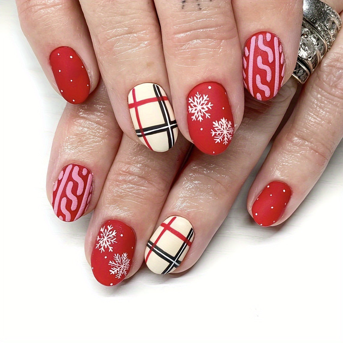 Holiday Festive Medium-Length Oval Press On Nail Set, Classic Red and Cream with Plaid and Snowflake Accents