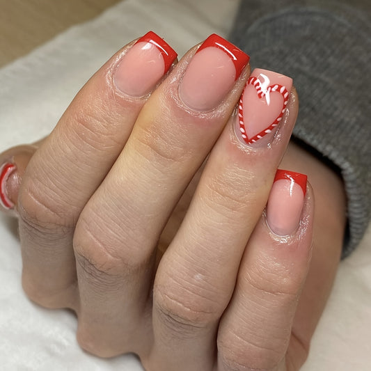 Candy Cane Kiss Short Square Press On Nail Set in Classic Red with Accent Heart Design