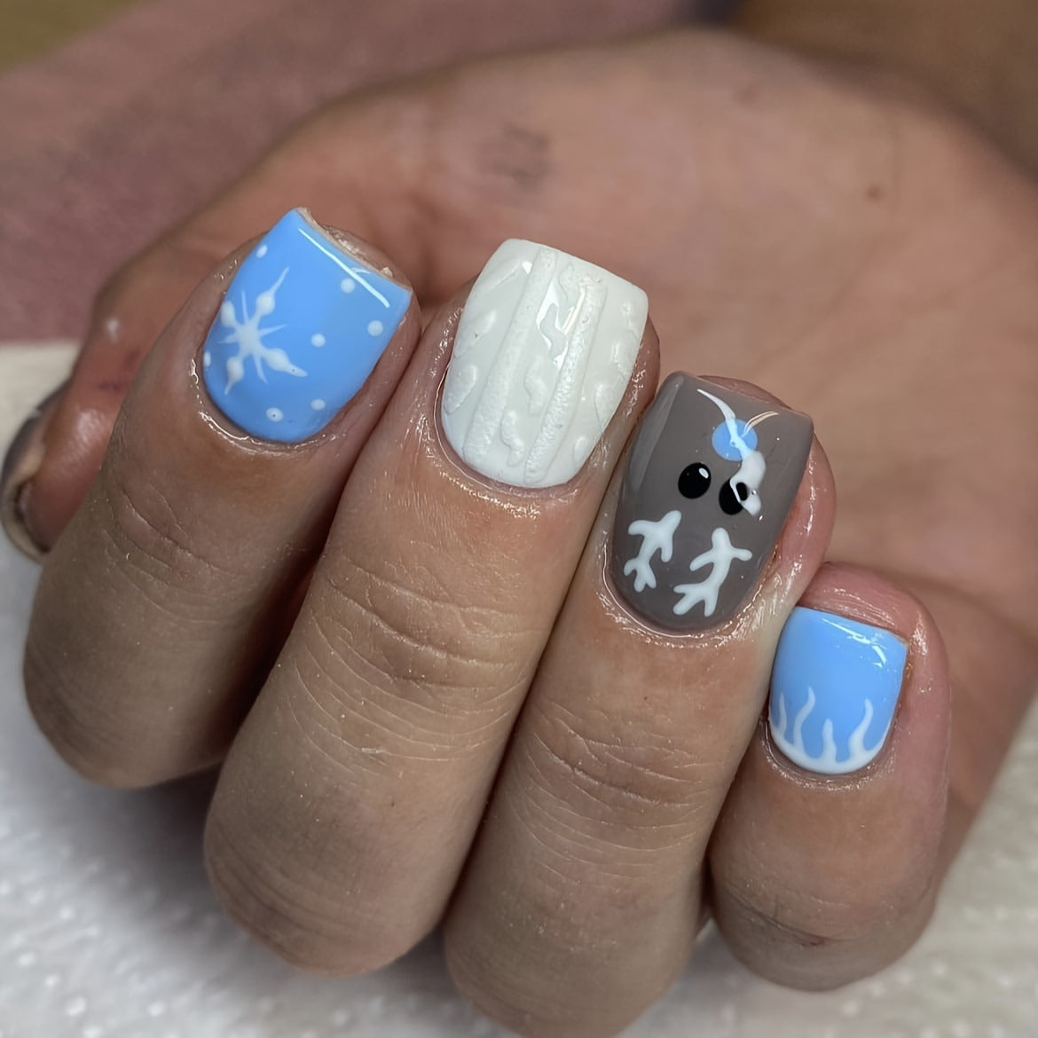 Winter Wonderland Short Length Square Press On Nails in Blue, White, and Gray with Snowflake Design and Cute Penguin Accent