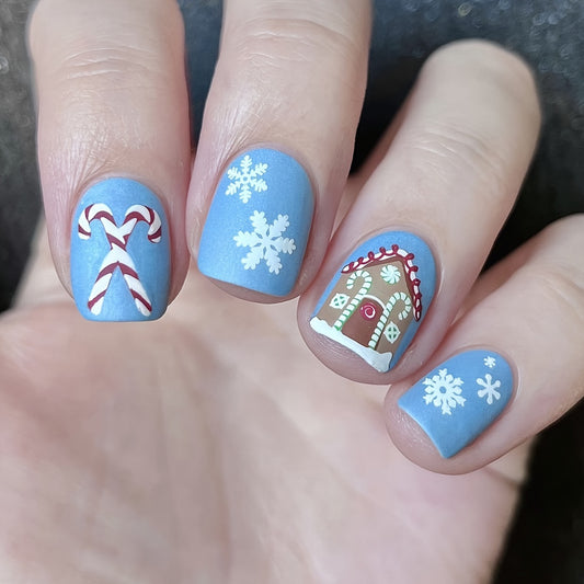 Holiday Bliss Short Square Light Blue Press On Nail Set with Snowflakes, Candy Cane, and Gingerbread House Designs