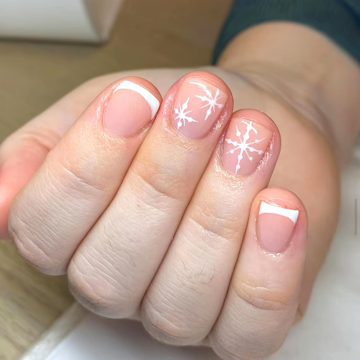 Winter Elegance Short Square Beige Press On Nail Set with White French Tips and Snowflake Design