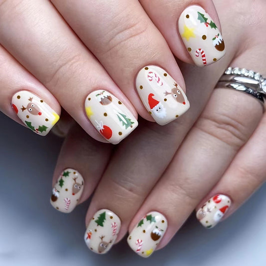 Festive Cheer Medium Square Beige Press On Nail Set with Christmas Characters and Motifs Design