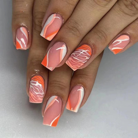 Summer Glow Medium Square Pink and Orange Swirl Pattern Press On Nail Set with Zebra Accent Design