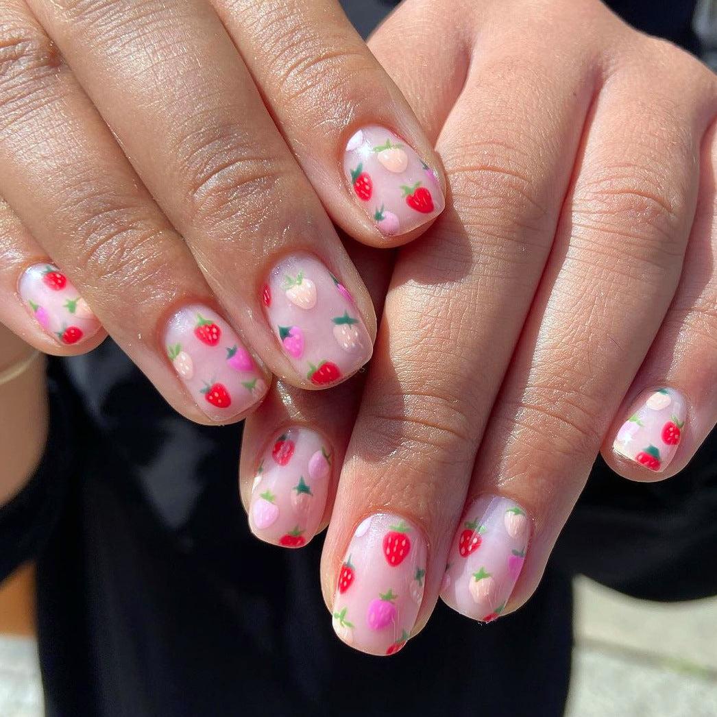 Summer Berry Bliss Medium Square Pink Press On Nails with Strawberry and Flower Accents